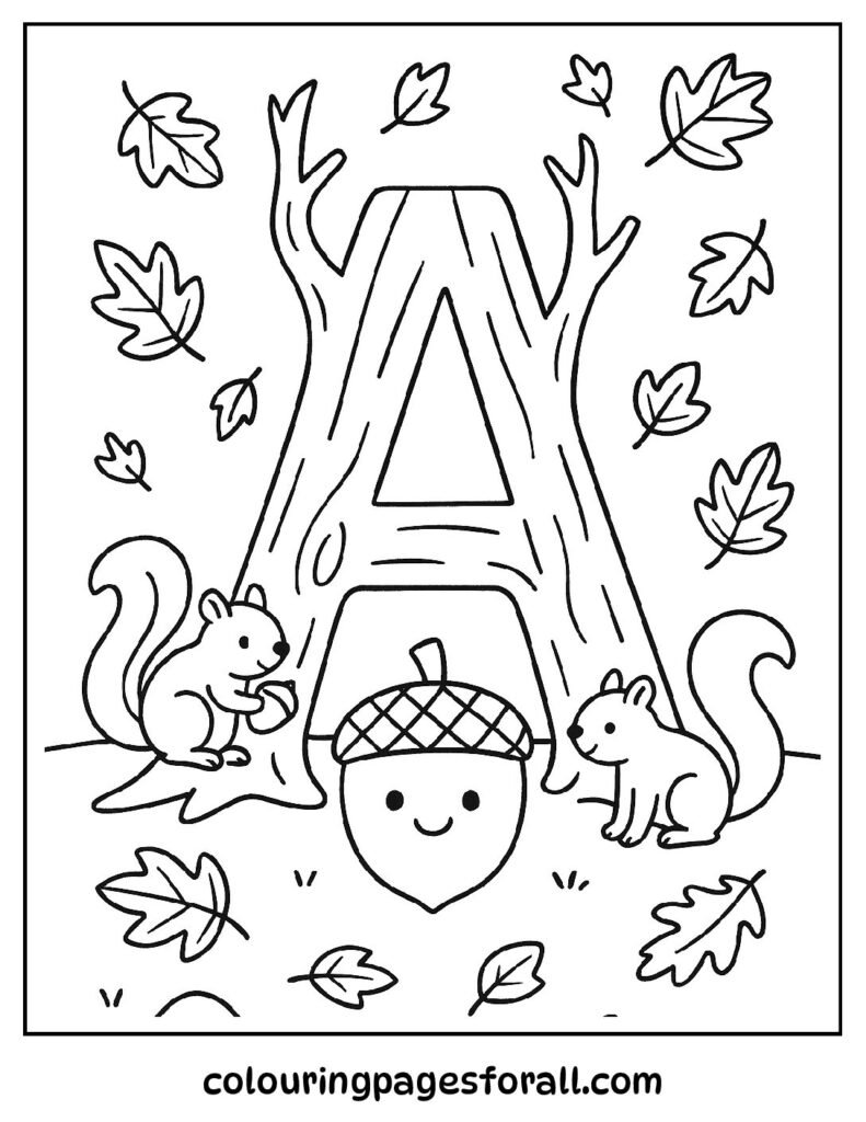 Printable coloring page with a smiling acorn under a large A-shaped tree with autumn leaves