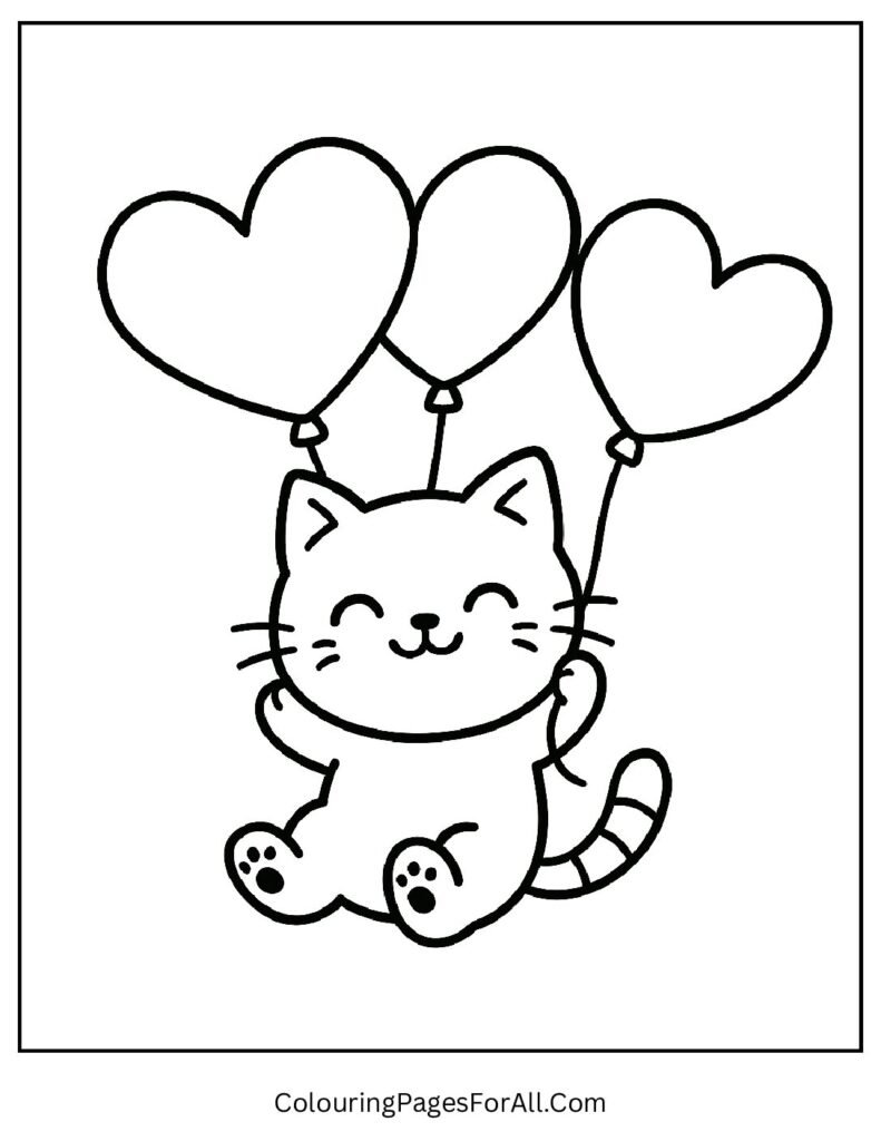 Adorable cat holding heart-shaped balloons in the sky coloring sheet