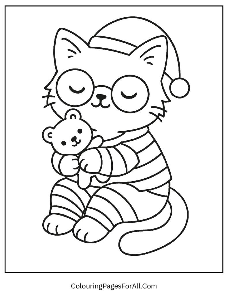 Adorable cat in striped pajamas holding a toy coloring page