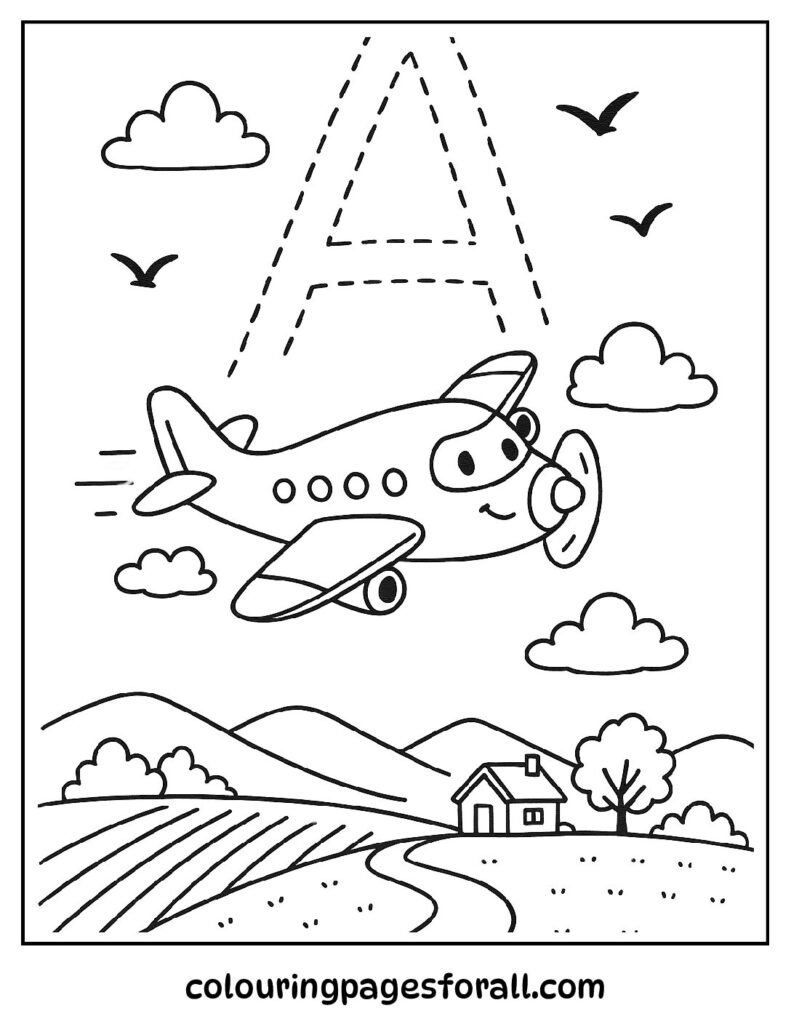 Airplane skywriting a large letter A with clouds and birds in a detailed coloring page for kids