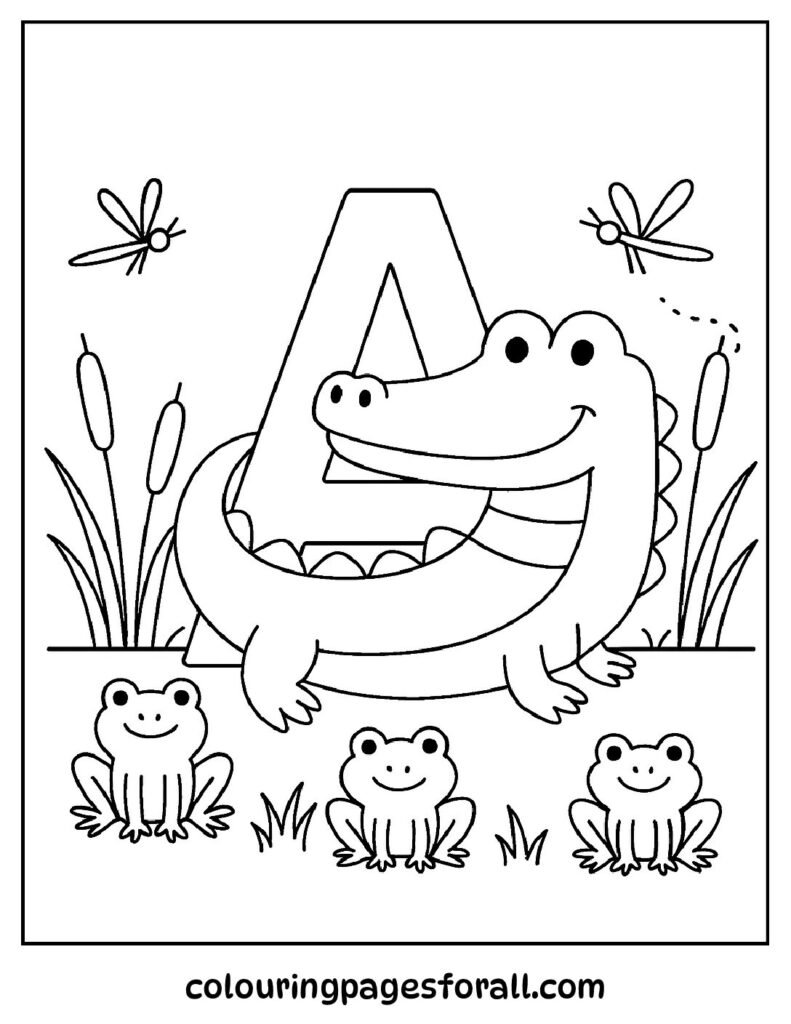 Printable alligator coloring page for kids with a giant letter A and river scene