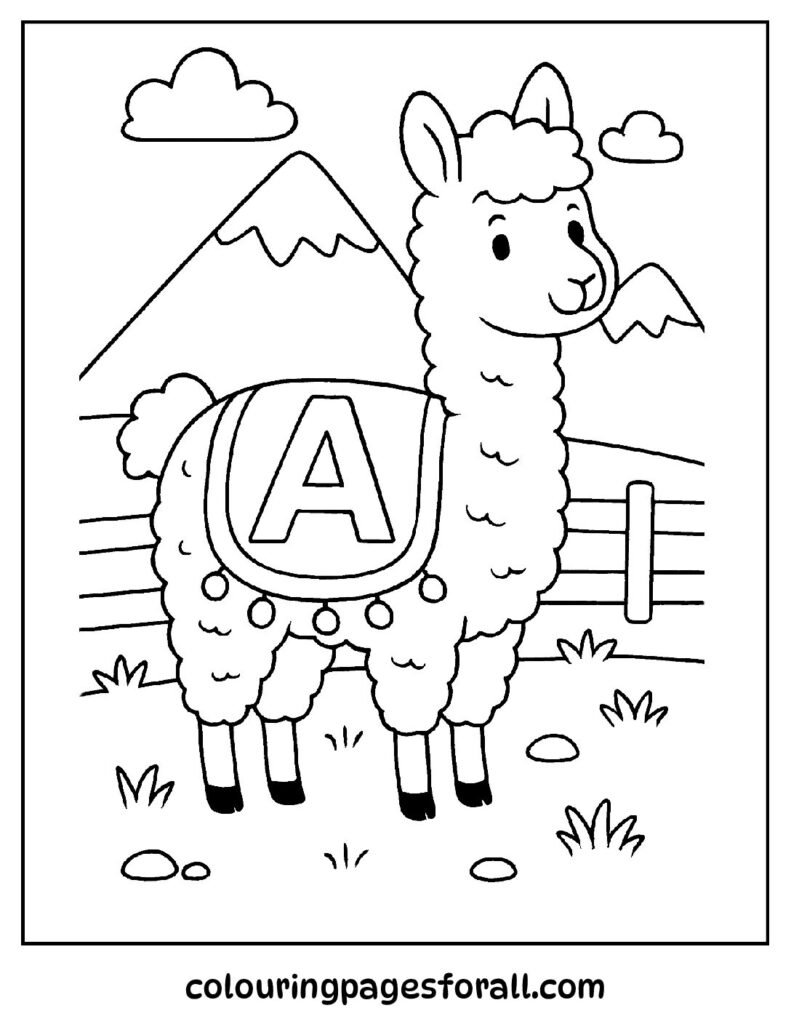 Farm coloring page showing a fluffy alpaca wearing a patterned blanket with a bold letter A