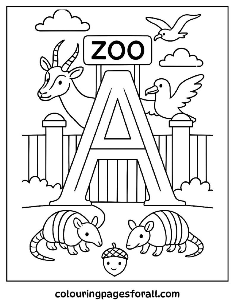 Zoo-themed coloring page with animals like armadillo and antelope around a giant letter A
