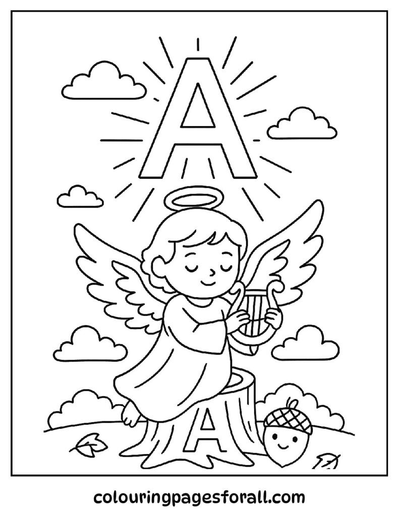 Coloring page for kids featuring an angel flying in front of a glowing letter A in the clouds