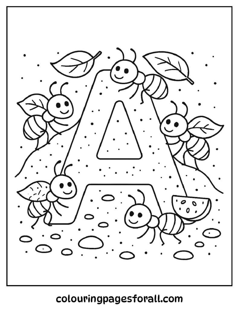 Detailed ant-themed coloring page showing ants forming the letter A with dirt and leaves
