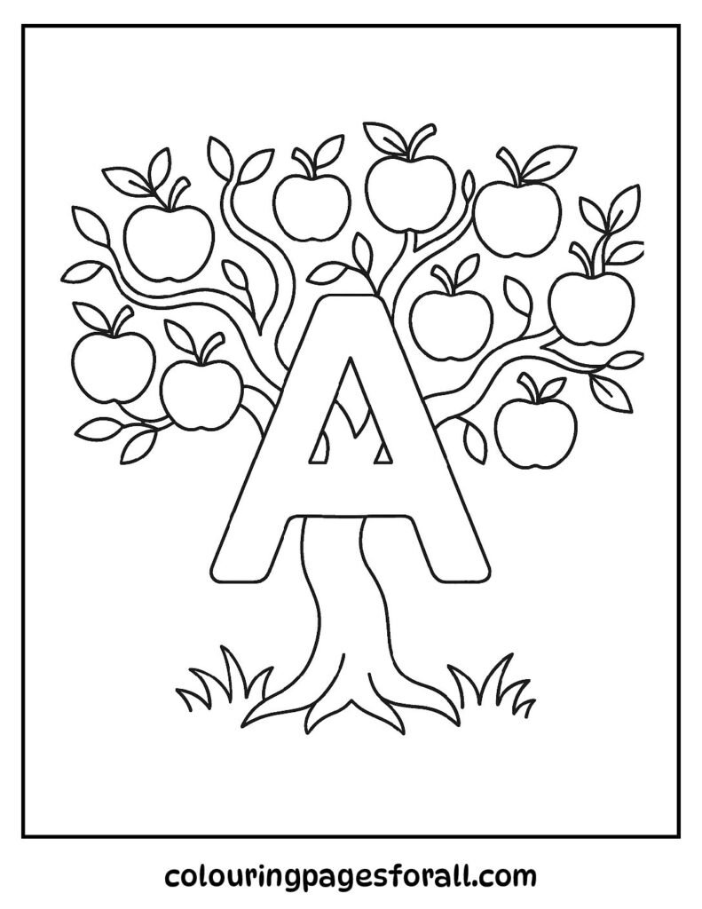 Coloring page of a detailed apple tree shaped like the letter A, with apples, leaves, and bees for kids