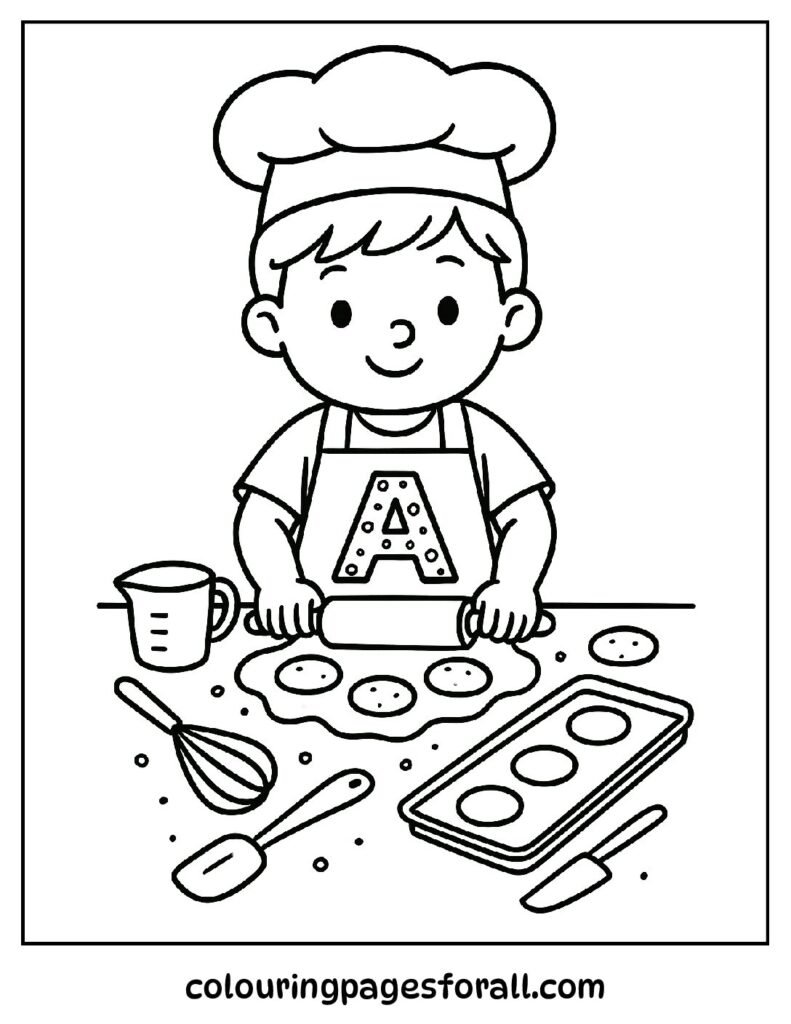 Kitchen coloring page with a child baker wearing an apron with a large letter A and baking tools