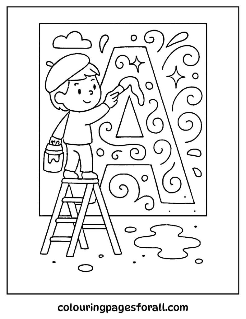 Creative coloring page of a child artist painting a large swirly letter A on a colorful wall