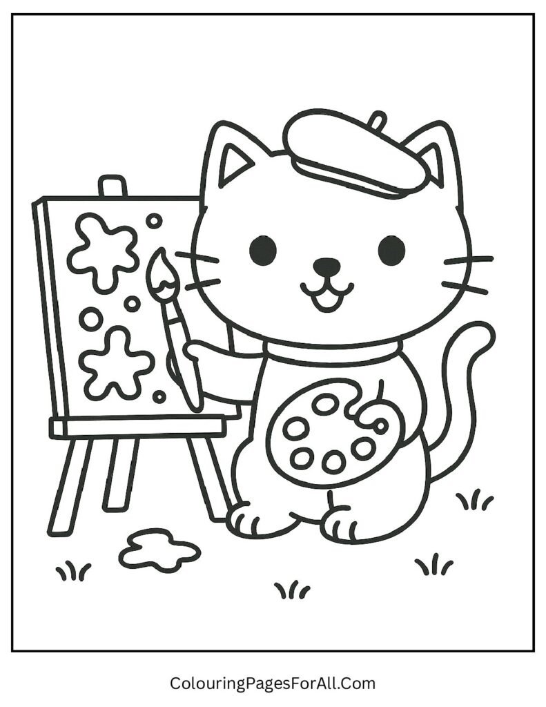 Artistic cat painting on a canvas with colorful splashes coloring page