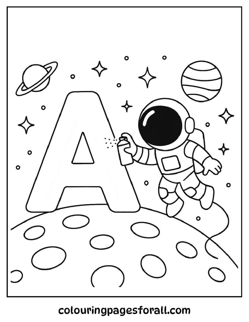 Coloring page of an astronaut painting the letter A on the moon with stars and planets for kids