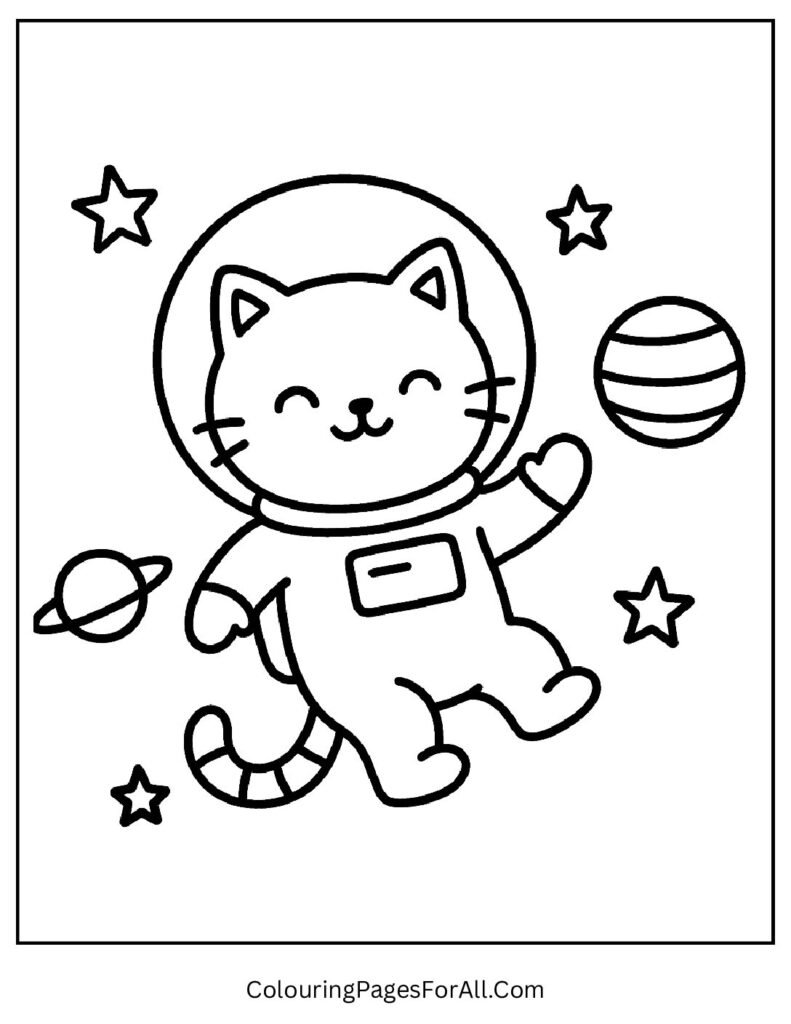 Astronaut cat floating in outer space with stars coloring sheet