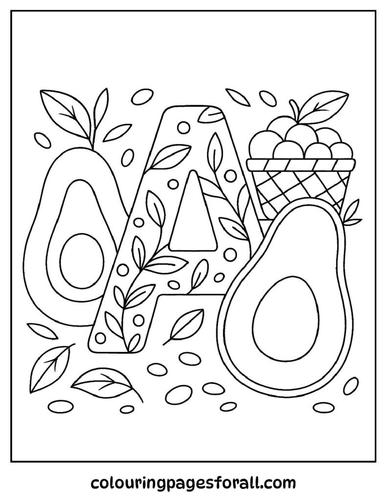 Fruit-themed coloring page showing avocado halves beside a decorative letter A at a market stall