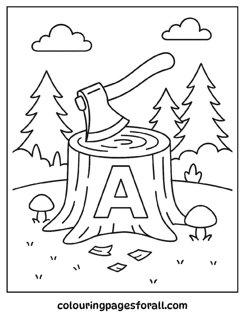 Forest-themed coloring page of a carved letter A on a tree stump with an axe, mushrooms, and squirrels