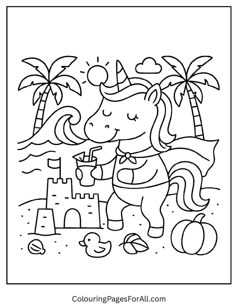 Beach unicorn coloring page building sandcastles and relaxing 1 pdf