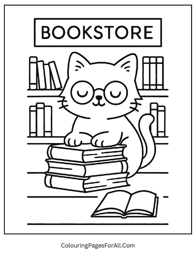 Bookstore cat on counter with stacked books coloring image