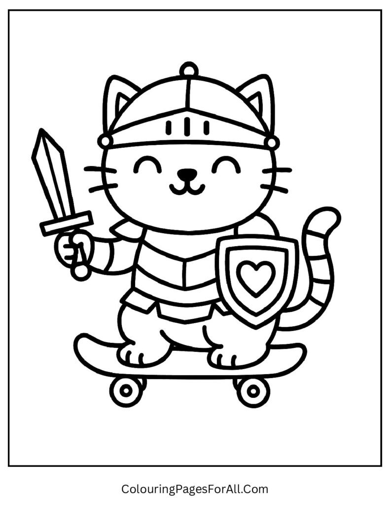Brave knight cat in armor with sword and shield coloring design