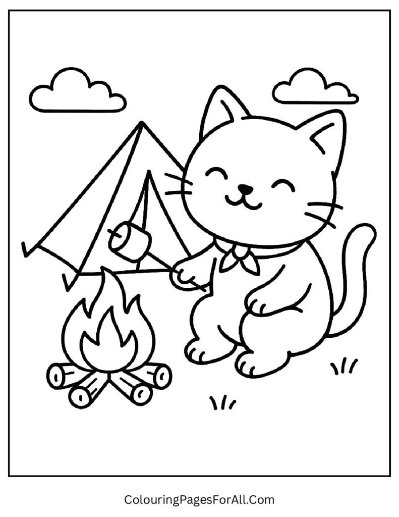 Camping cat near tent and campfire roasting marshmallows coloring image