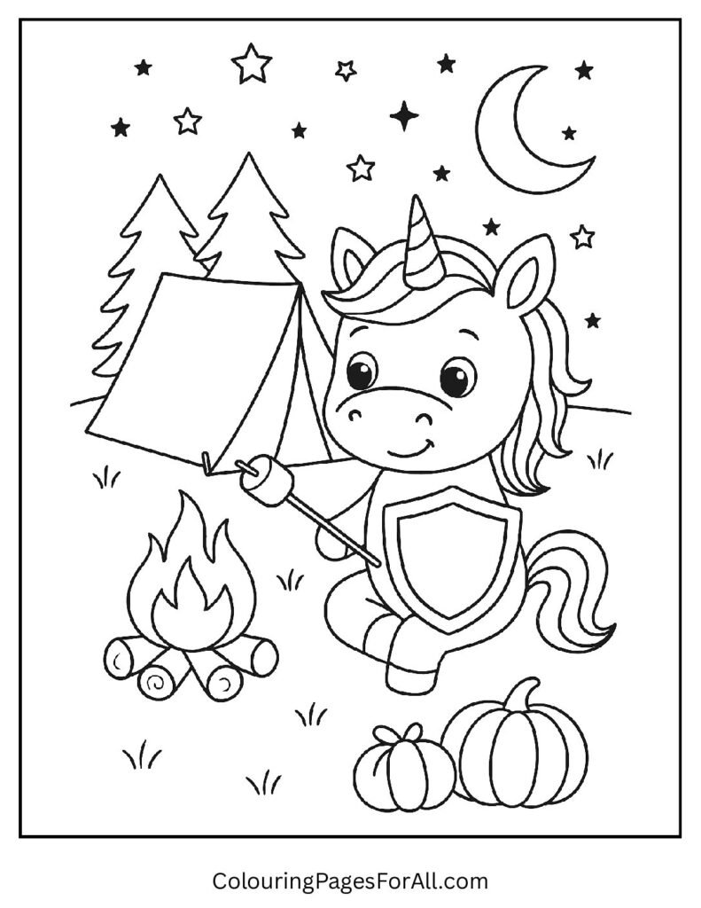 Camping unicorn coloring page with bonfire and tent pdf