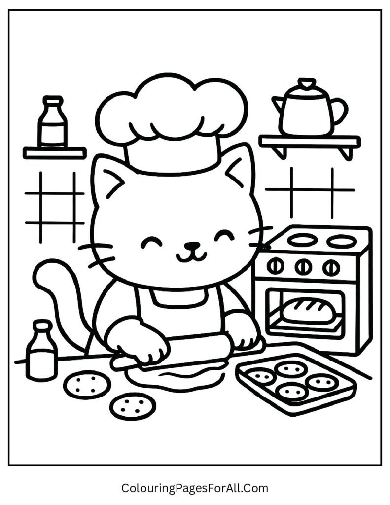 Cartoon chef cat baking cookies in a kitchen coloring printable