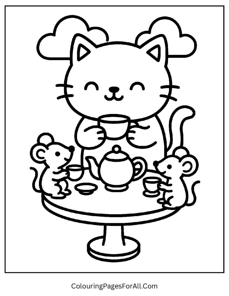 Cat and mouse having tea party at small table coloring page