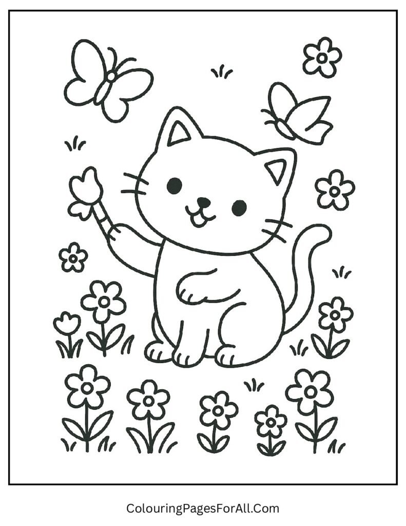 Cat chasing butterflies in flower garden coloring printable