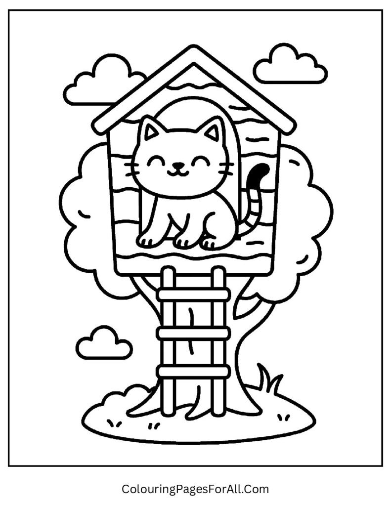 Cat exploring treehouse with toys and birds coloring sheet
