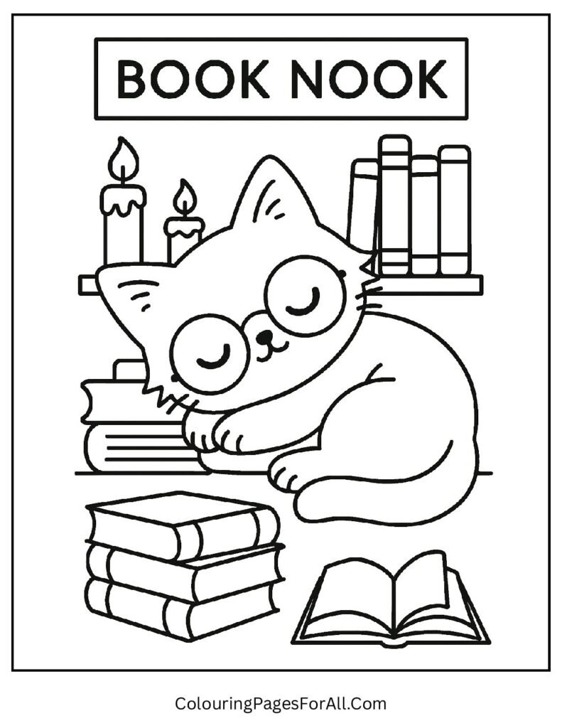 Cat napping in cozy book nook with candles coloring page (1)