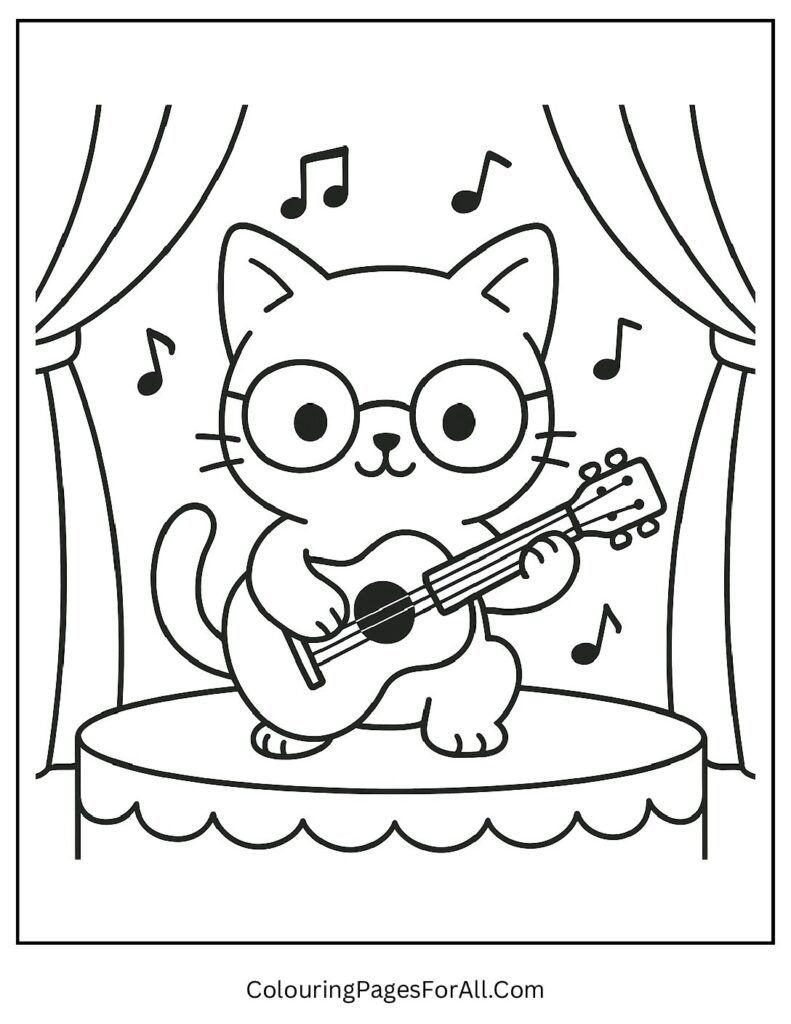 Cat playing guitar on a mini concert stage coloring printable