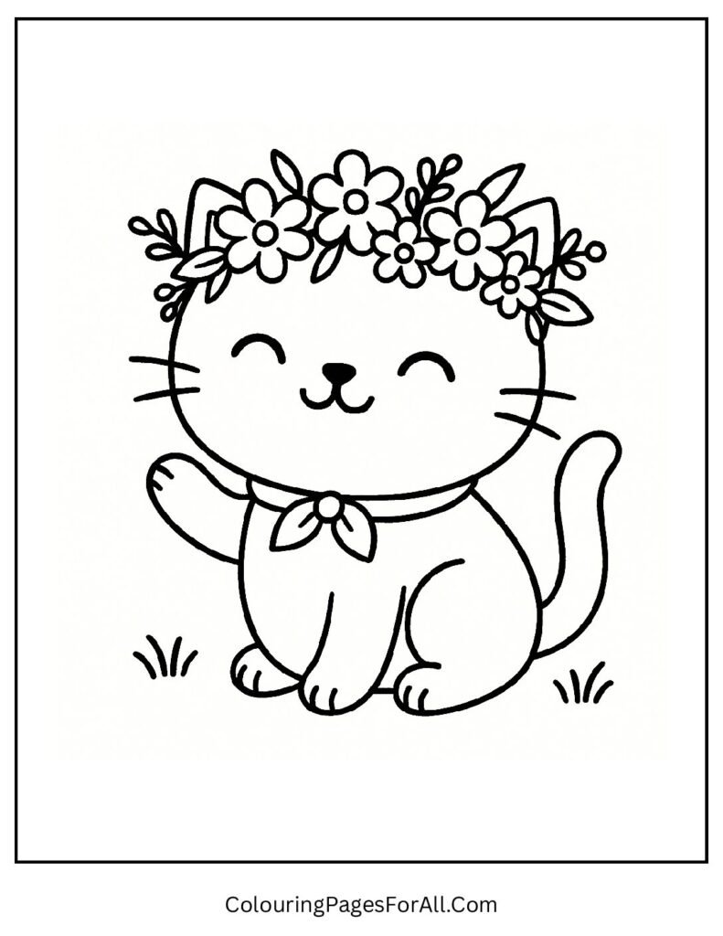 Cat wearing floral crown sitting in garden coloring sheet