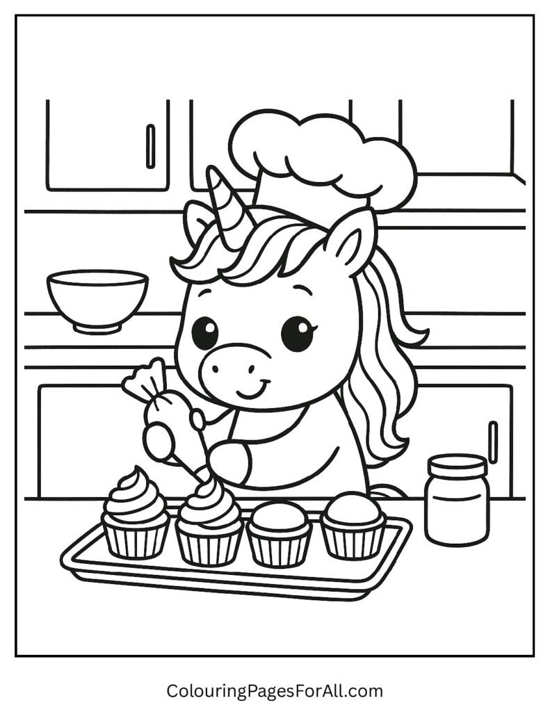 Chef unicorn baking cupcakes coloring page for kids 1 4 pdf