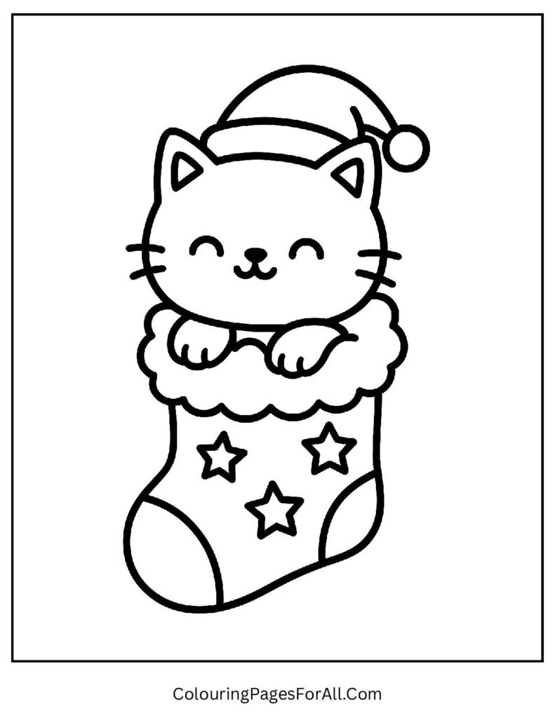 Christmas kitten inside stocking with ornaments coloring sheet