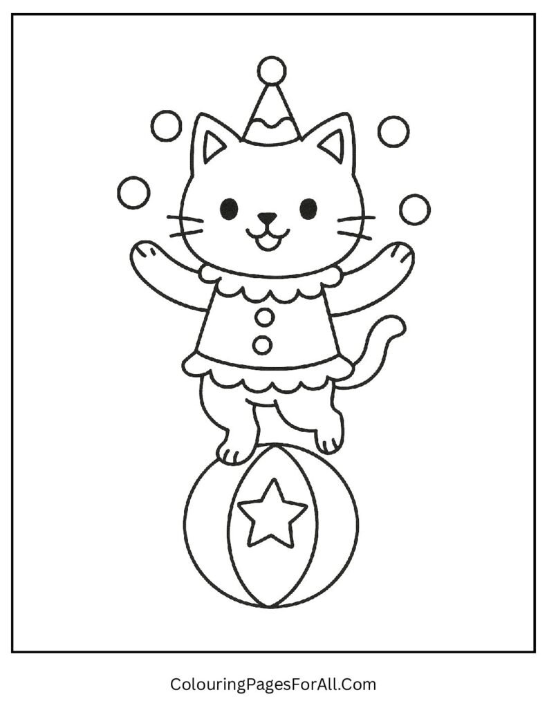 Circus cat juggling while standing on ball coloring sheet