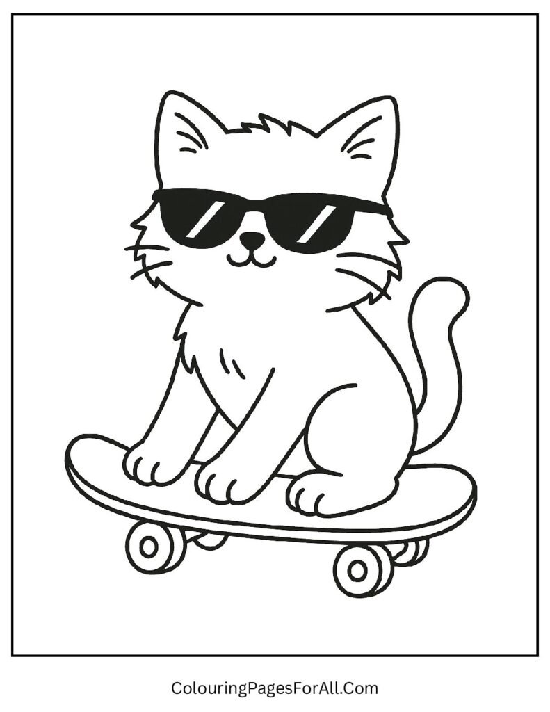 Cool cat riding skateboard with sunglasses coloring illustration