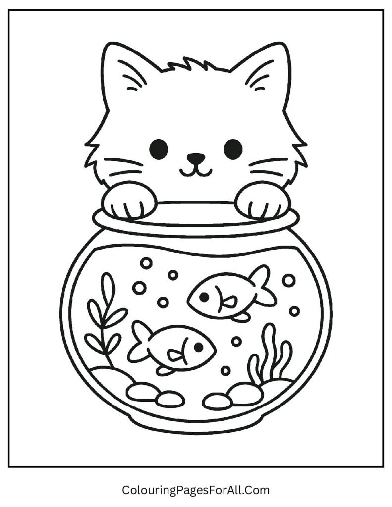 Curious cat looking into a fishbowl coloring page for kids