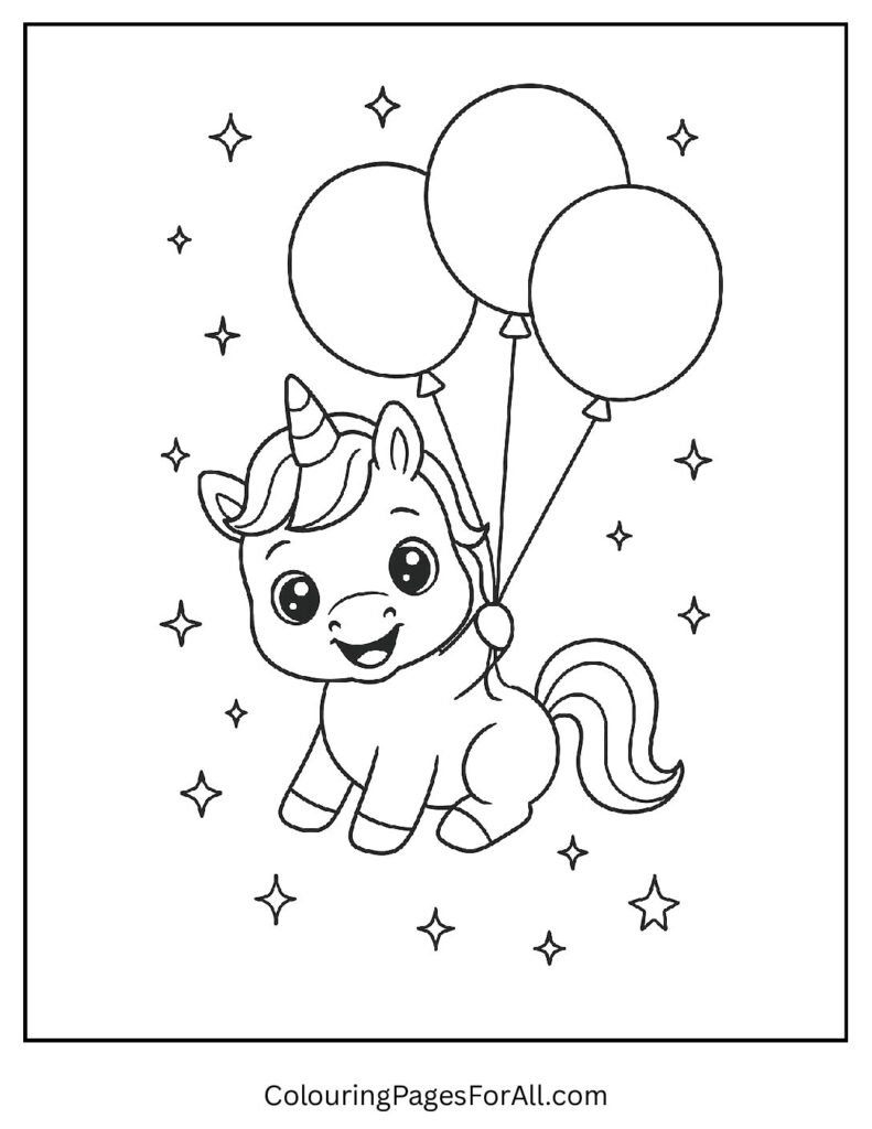 Cute baby unicorn holding balloons coloring page 1 2 pdf