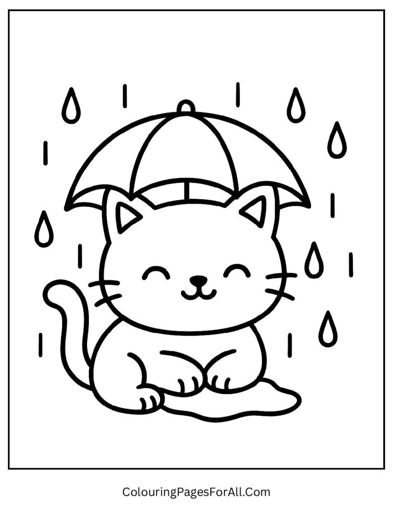 Cute cat hiding under an umbrella on a rainy day coloring page