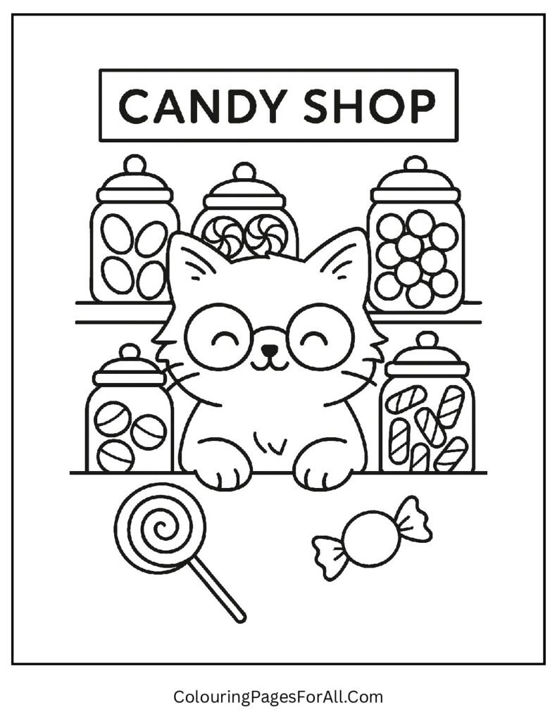 Cute cat in candy shop surrounded by sweets coloring page