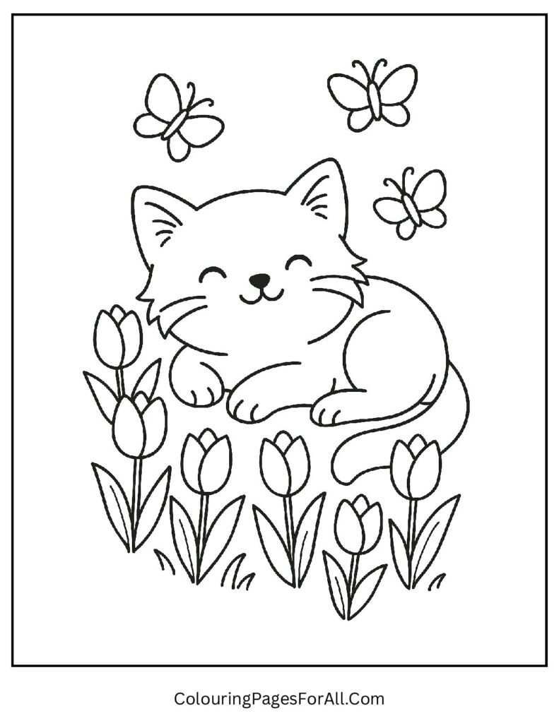 Cute cat lying in a field of tulips and butterflies coloring sheet