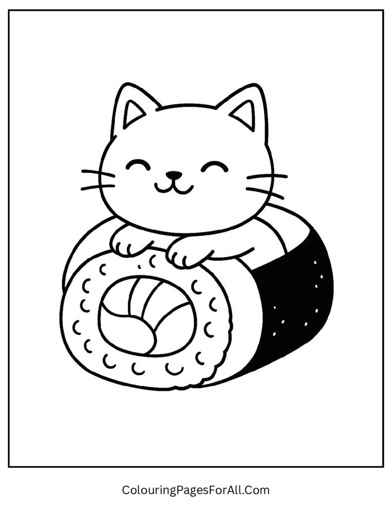 Cute cat wrapped in sushi roll kawaii-style coloring illustration