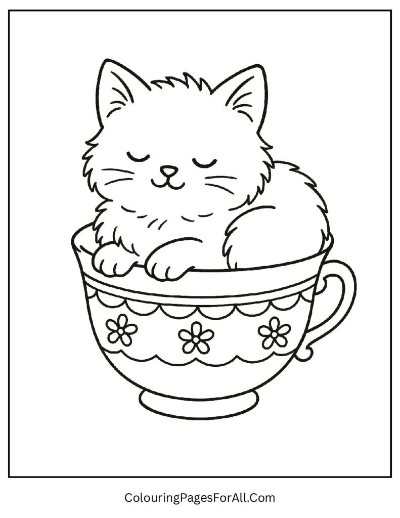 Cute kitten inside a vintage teacup coloring page (8.5 x 11 in)
