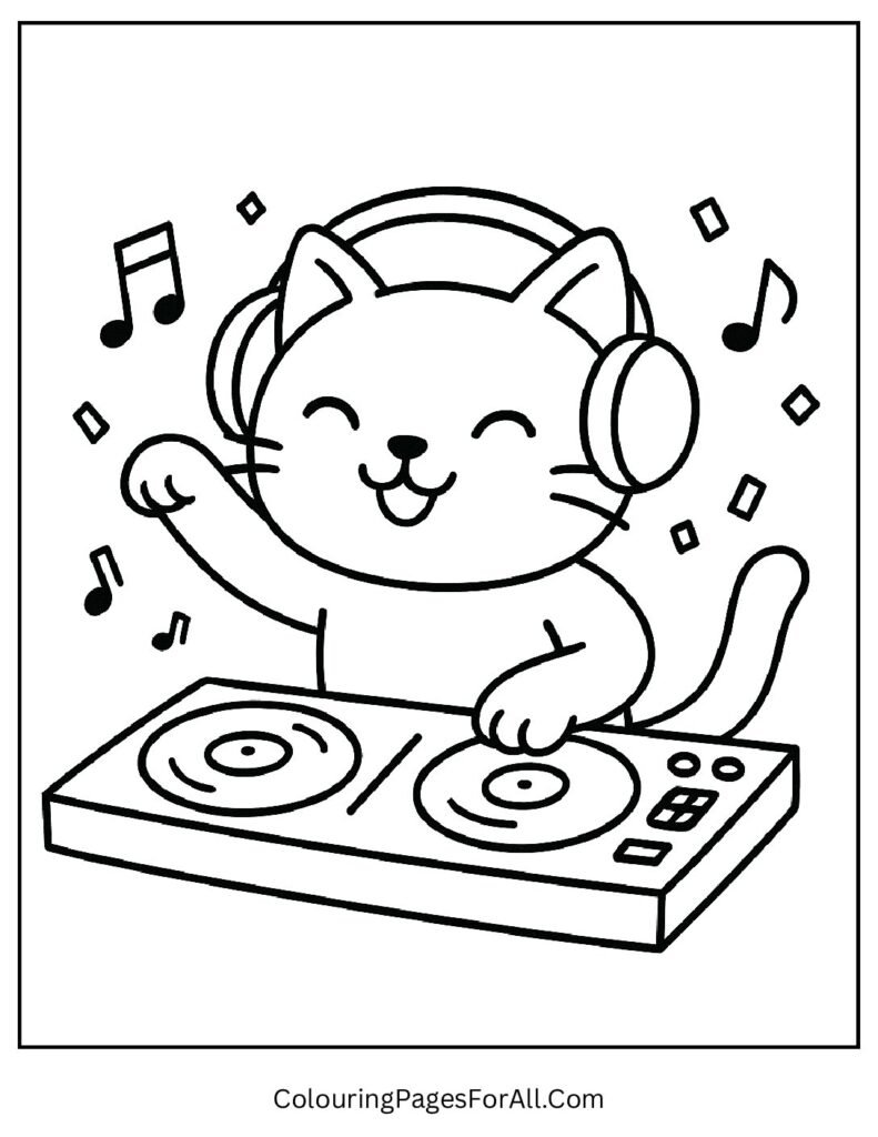 DJ cat with headphones and disco lights coloring design