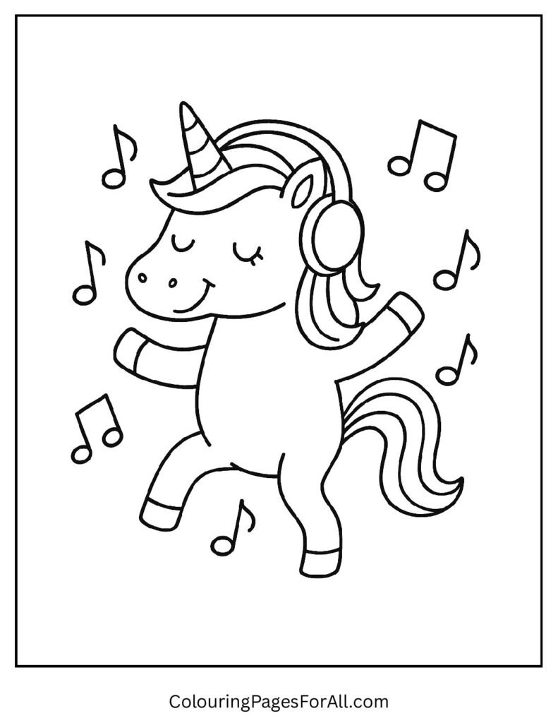 Dancing unicorn with music notes coloring page printable 1 1 pdf