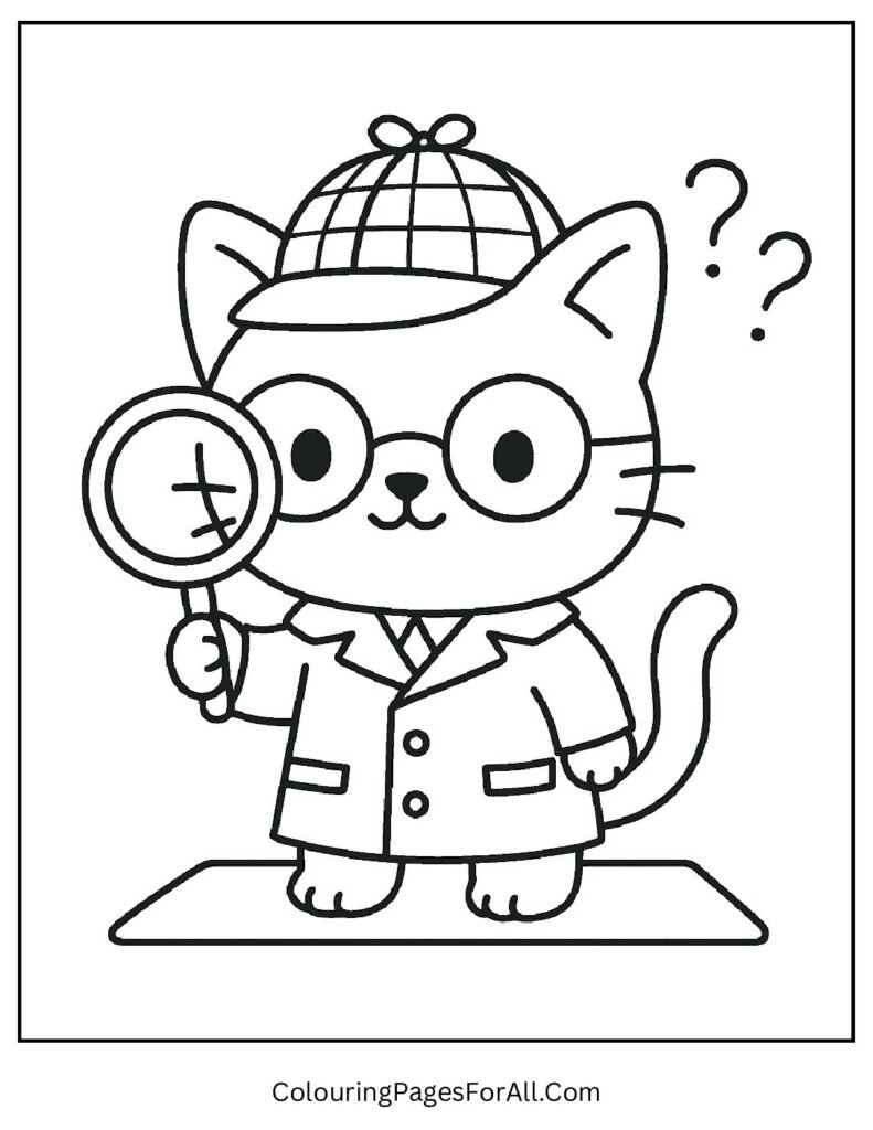 Detective cat with magnifying glass solving mysteries coloring page