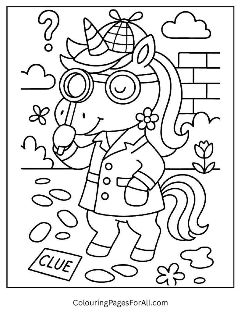 Detective unicorn coloring page with clues and magnifying glass 1 1 pdf