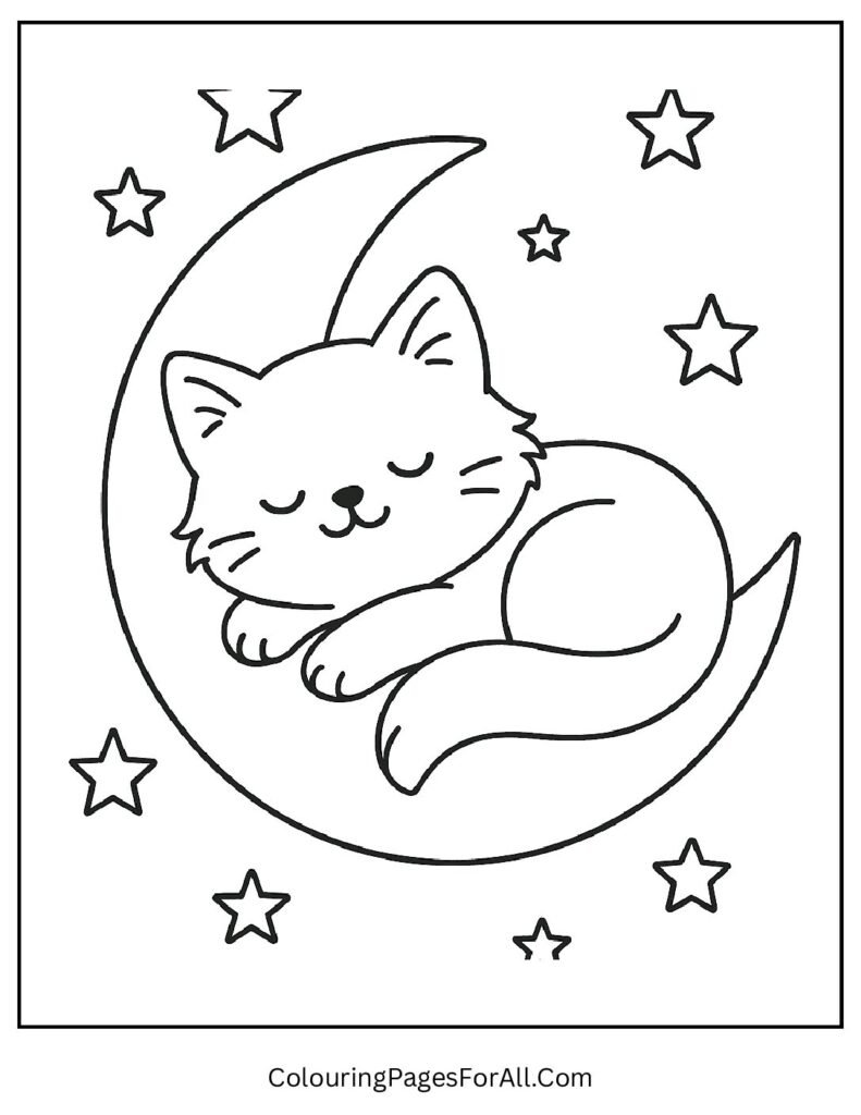 Dreamy cat sleeping on crescent moon with stars coloring sheet