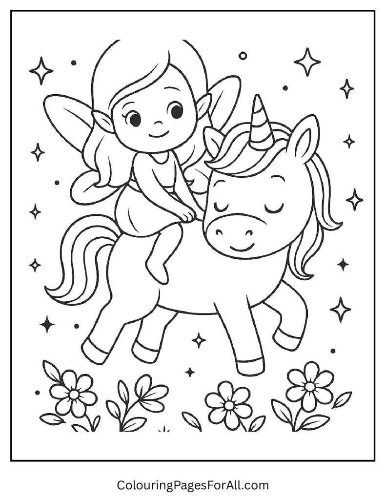 Fairy riding unicorn coloring page with enchanted details 1 pdf
