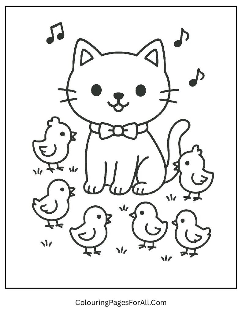 Farm cat with chickens and barnyard background coloring sheet