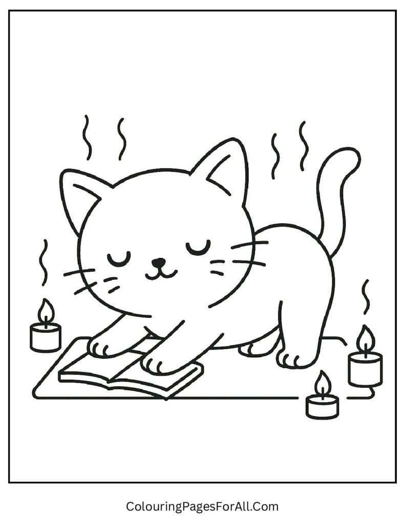 Flexible yoga cat stretching on a mat coloring printable