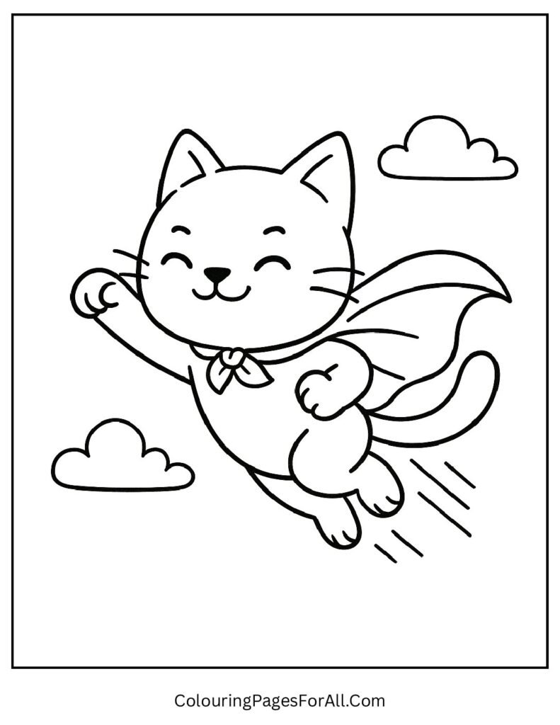 Flying superhero cat with cape above clouds coloring illustration