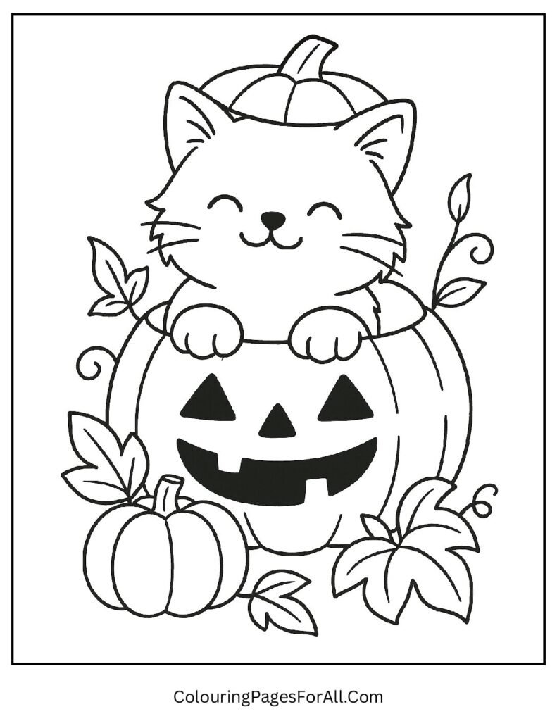 Funny kitten peeking out of a carved pumpkin coloring design
